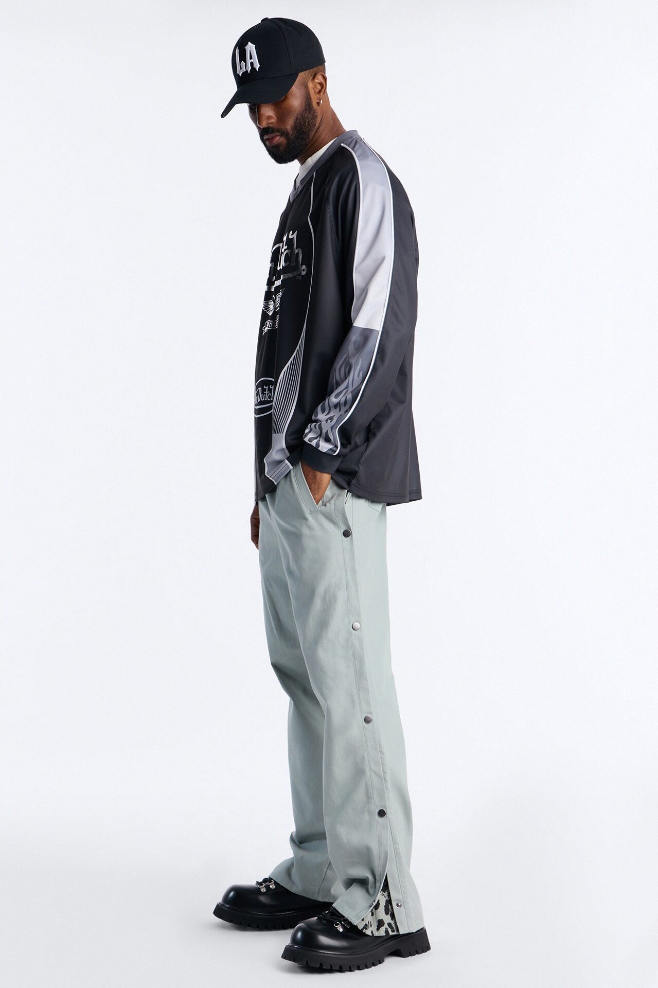 Straight Print Hint Studded Pant - Grey