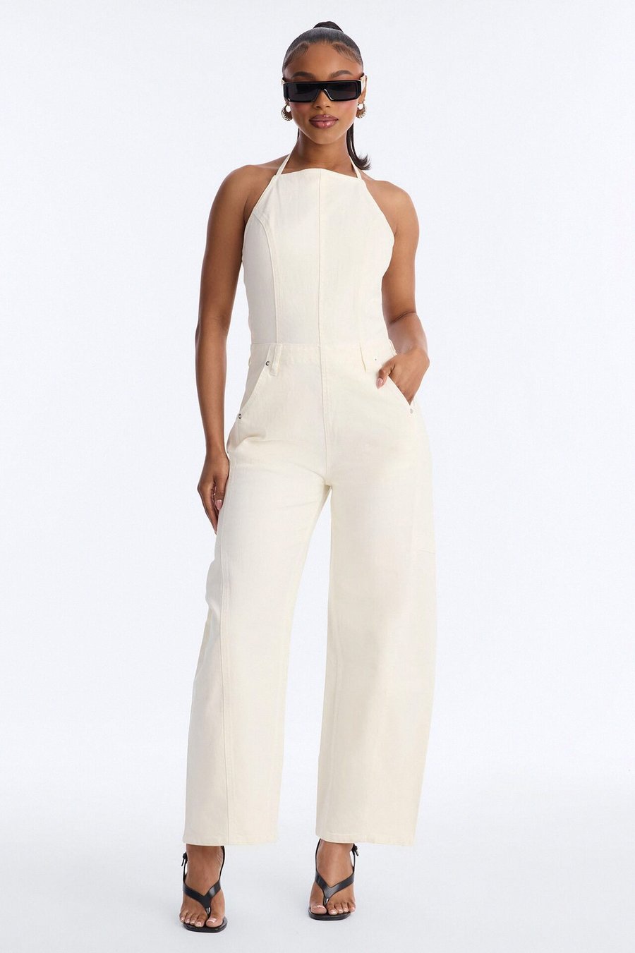 Tiana Backless Denim Barrel Leg Jumpsuit - White