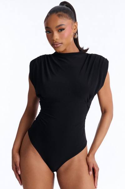 Get Serious Ruched Shoulder Pad Bodysuit - Black