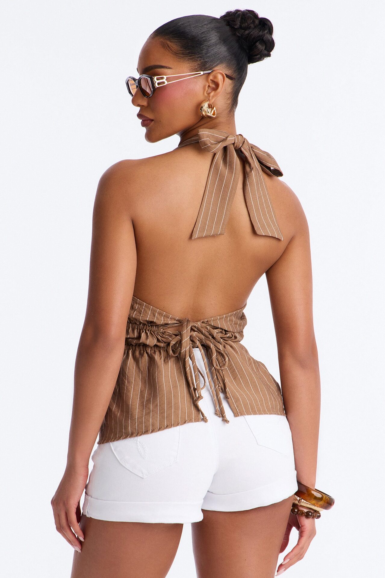 Soft Haze Linen Pinstripe Halter Top - Taupe/combo
