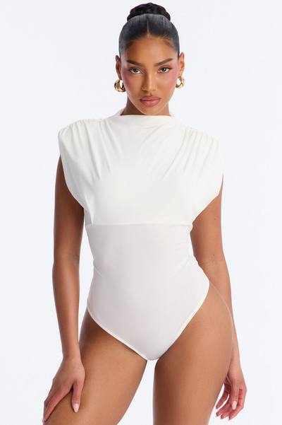 Get Serious Ruched Shoulder Pad Bodysuit - White
