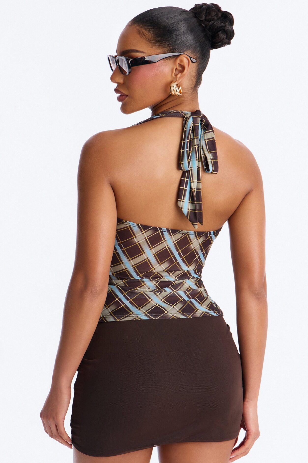 Maisie Plaid Mesh V-Neck Halter Top - Brown/combo
