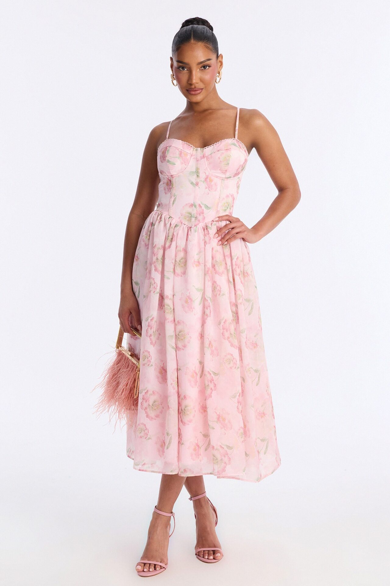 Yara Floral Organza Midi Dress - Pink