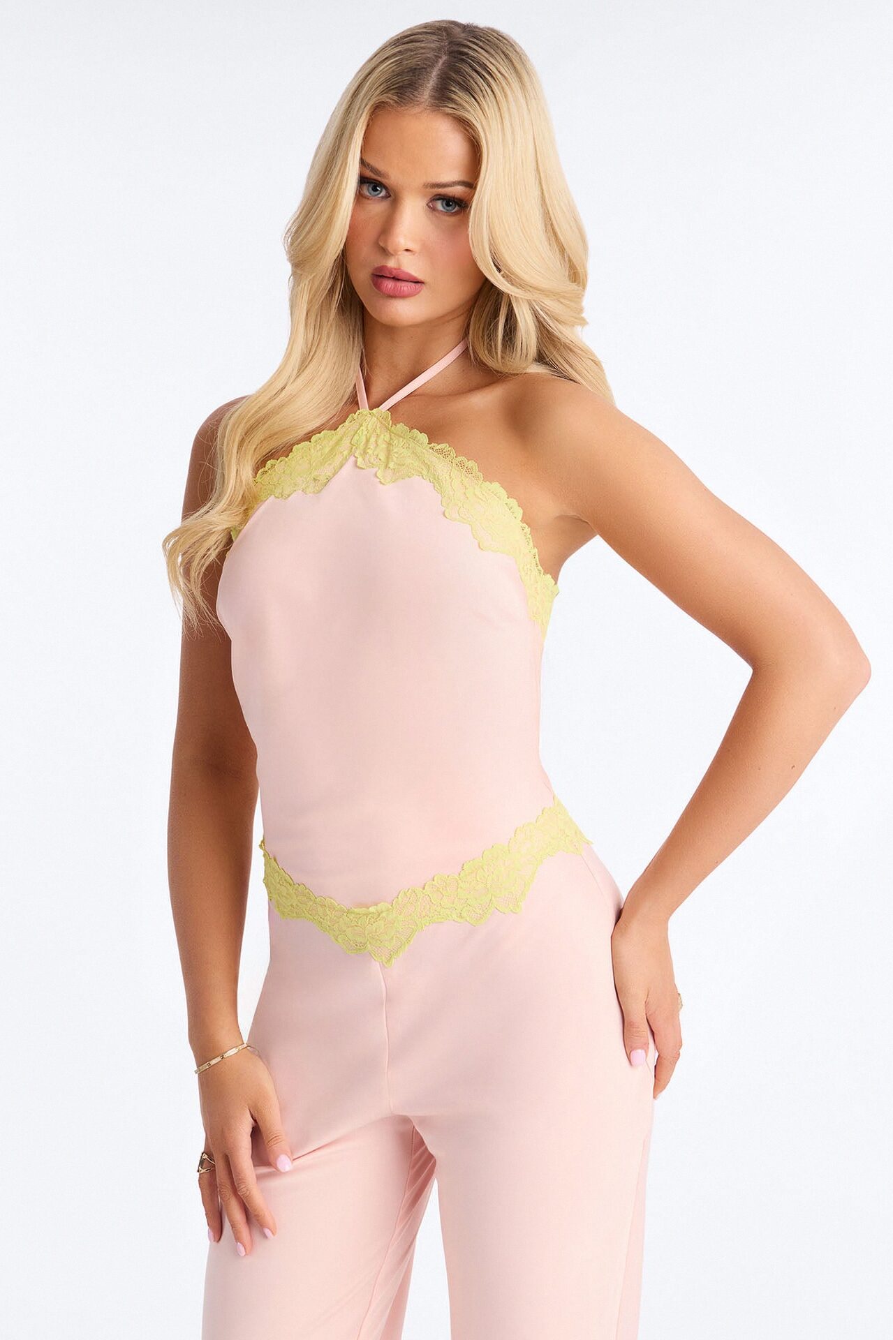 Sweet Satin Lace Trim Jumpsuit - Pink/combo