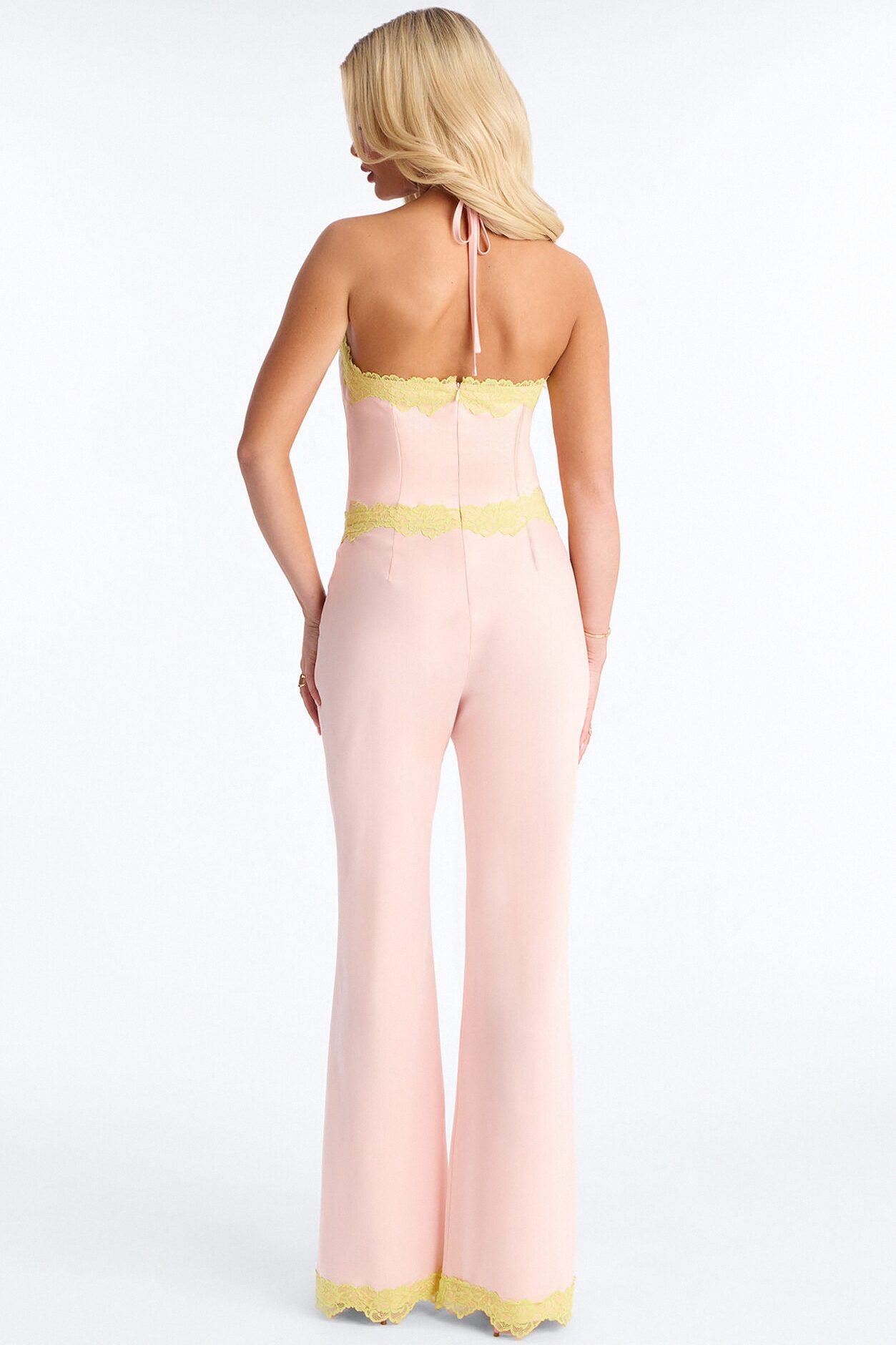 Sweet Satin Lace Trim Jumpsuit - Pink/combo