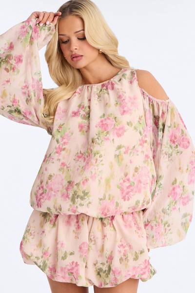 Floral Obsession Cold Shoulder Chiffon Mini Dress - Multi Color