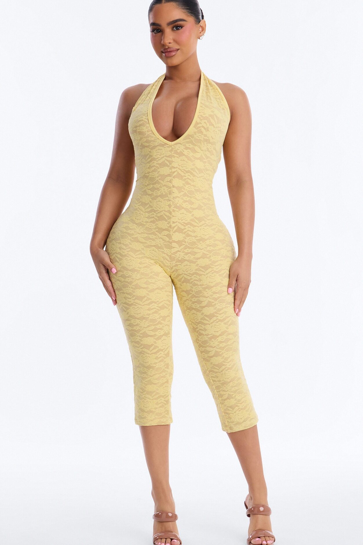 Midnight Strolls Backless Lace Jumpsuit - Butter Yellow