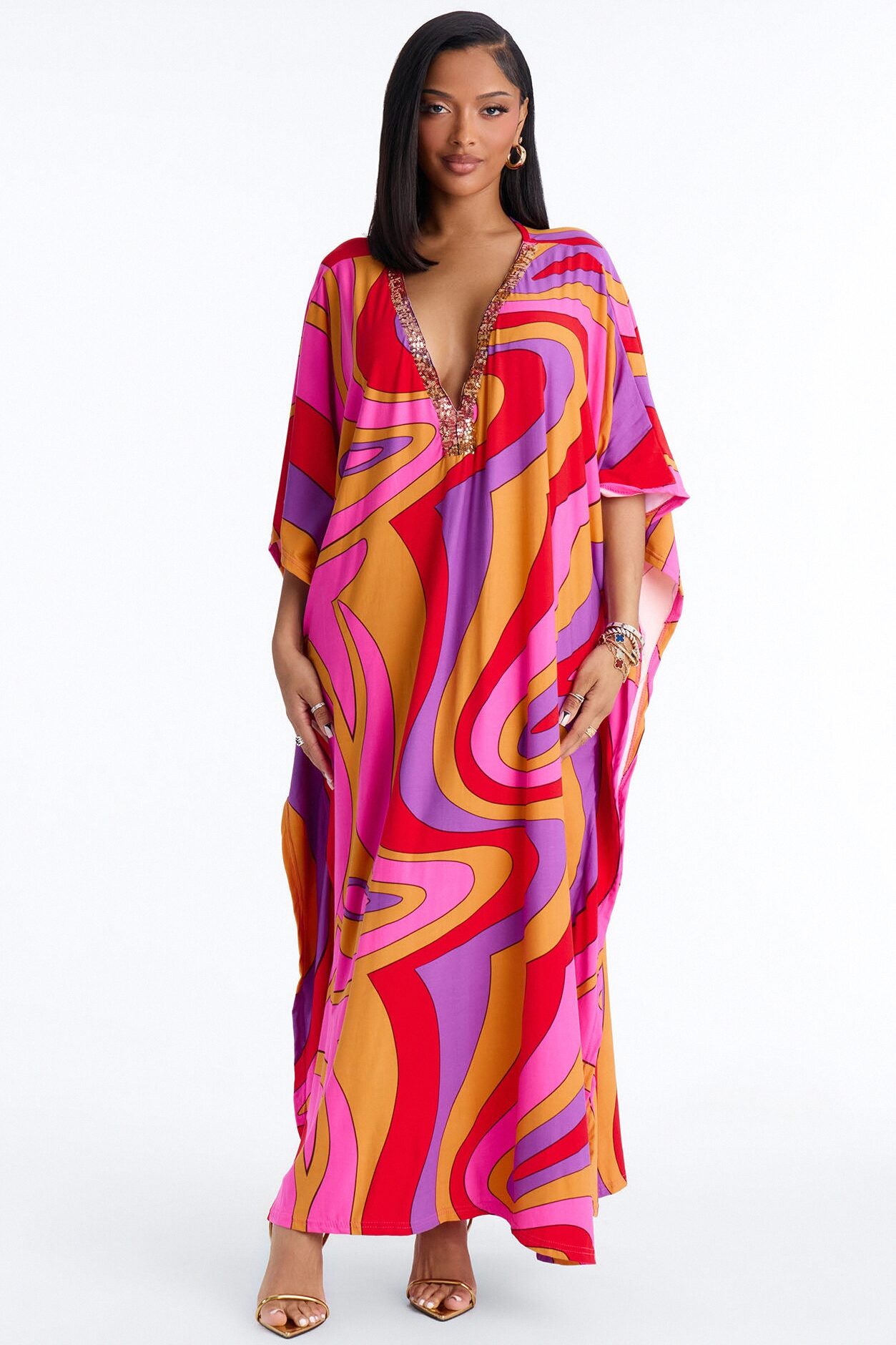 Mirage Pool Sequins Cover Up Maxi Kaftan - Hot Pink/combo