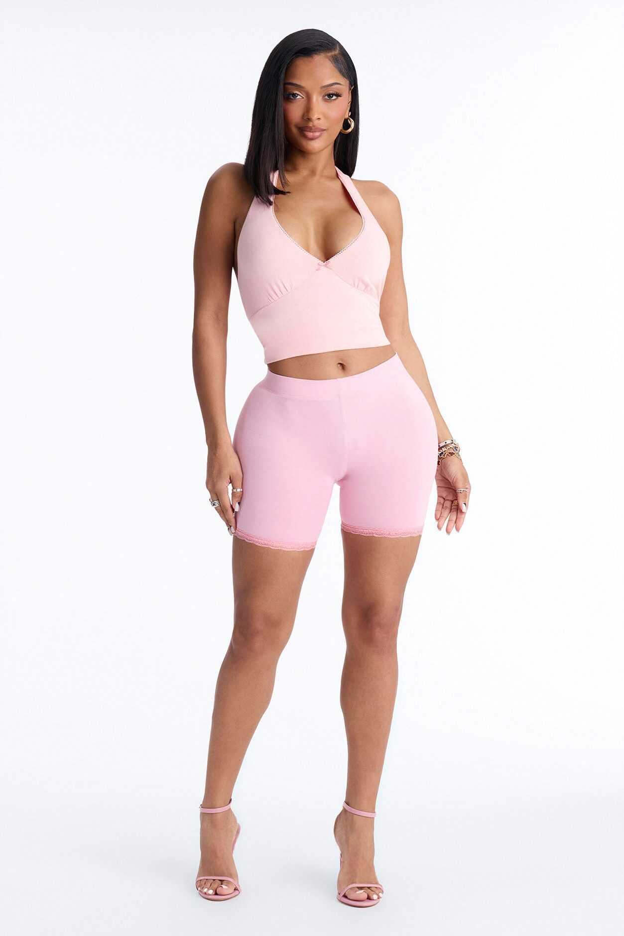 Camille Lace Trim Biker Short - Light Pink