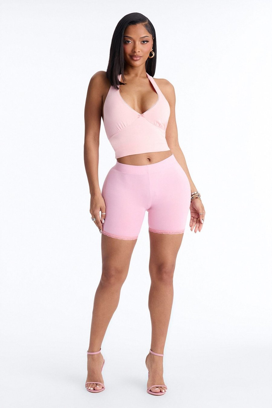 Camille Lace Trim Biker Short - Pink