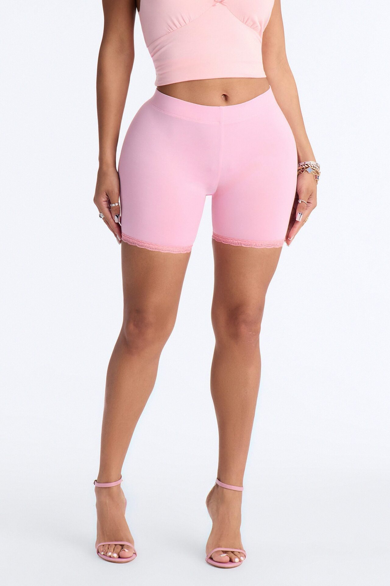 Camille Lace Trim Biker Short - Light Pink
