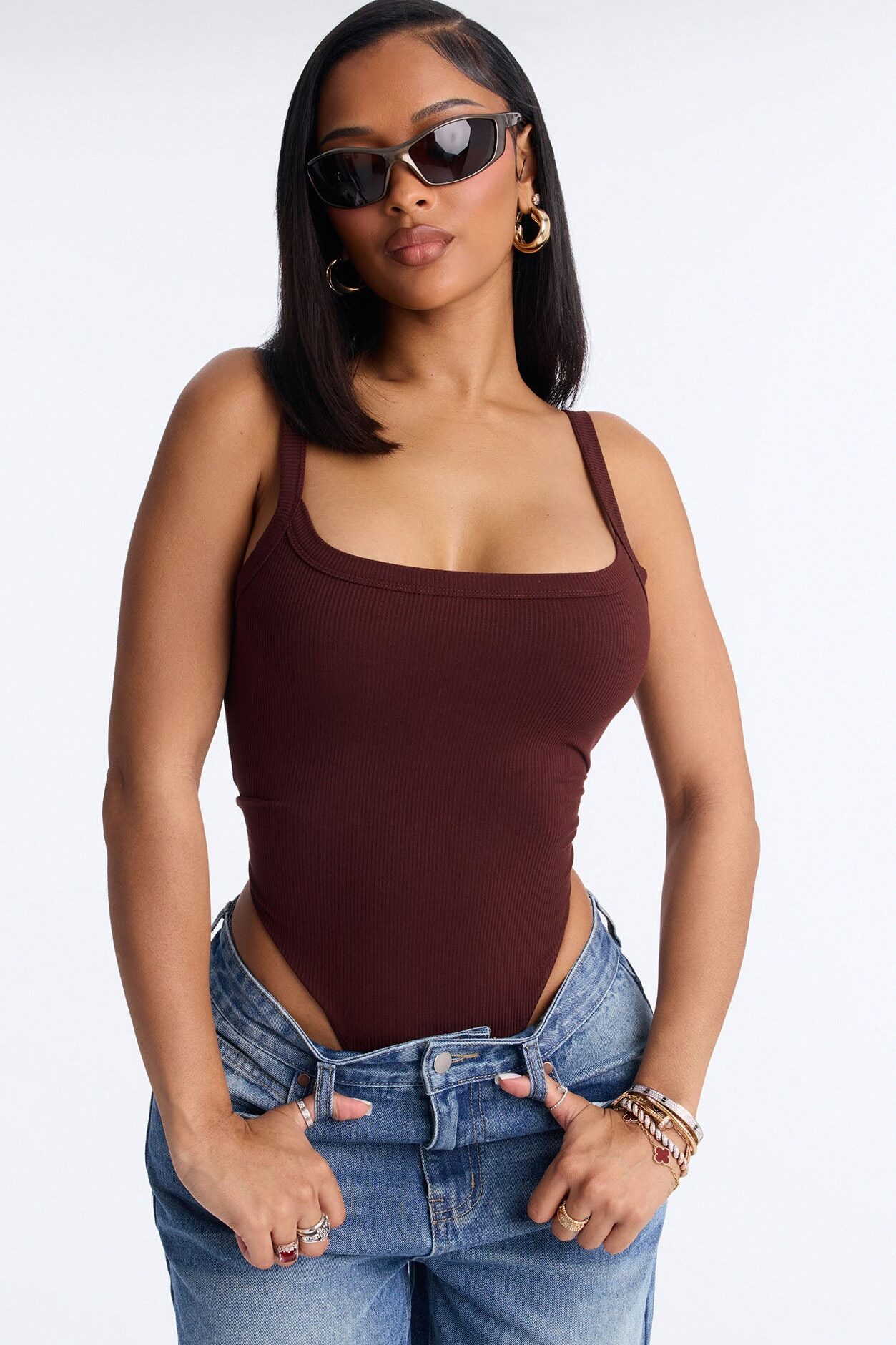 Lara Square Neck Ribbed Bodysuit - Brown