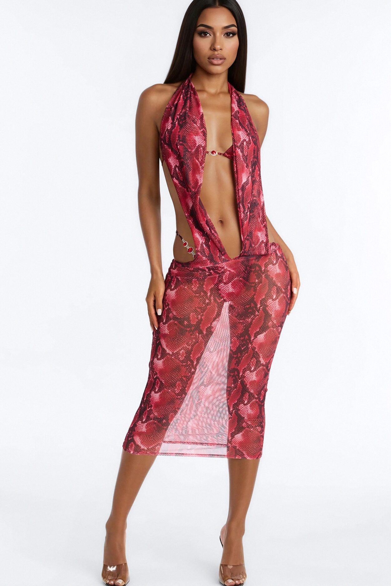 Humid Morning Snake Sheer Halter Deep V-Neck Swim Cover Up Midi Dress - Red/Black