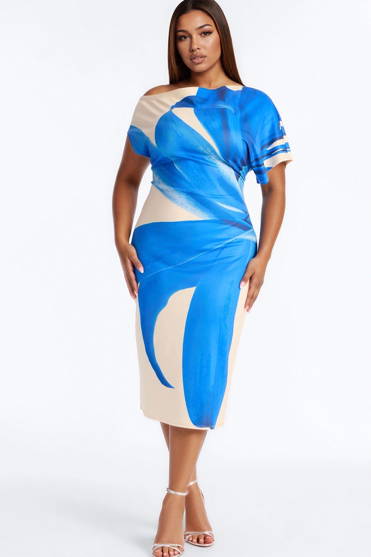 Gardenia One Shoulder Floral Midi Dress - Blue/combo