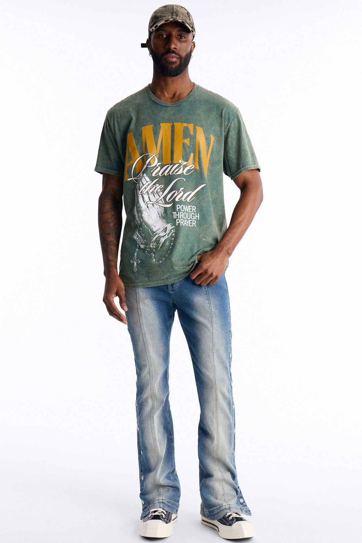 Amen Praise The Lord Rosary Studded Detail Graphic Short Sleeve Tee - Hunter Green