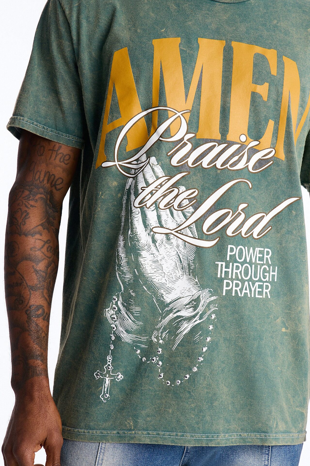 Amen Praise The Lord Rosary Studded Detail Graphic Short Sleeve Tee - Hunter Green
