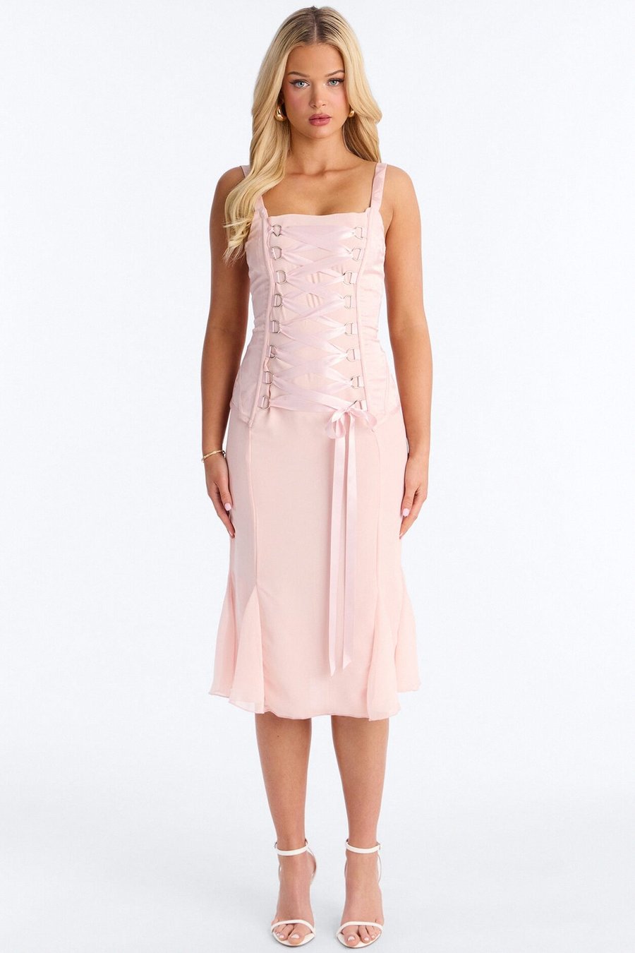 Spring Floral Jacquard Midi Dress - Pink
