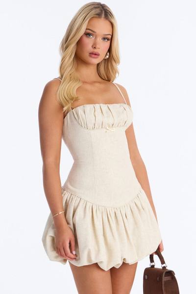 Linen Bloom Bubble Mini Dress - Natural