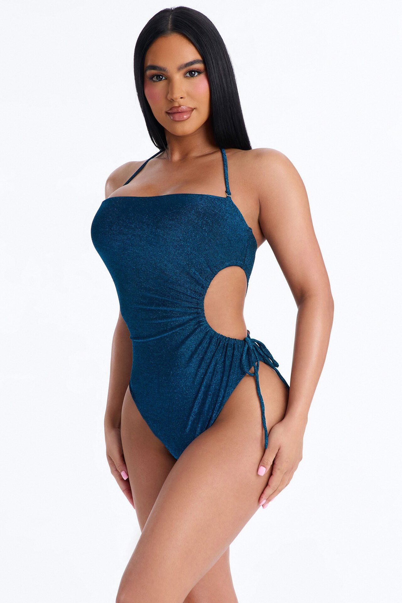 Sunny Days And Waves Glitter Cut Out Ruched 1 Piece Swimsuit - Teal