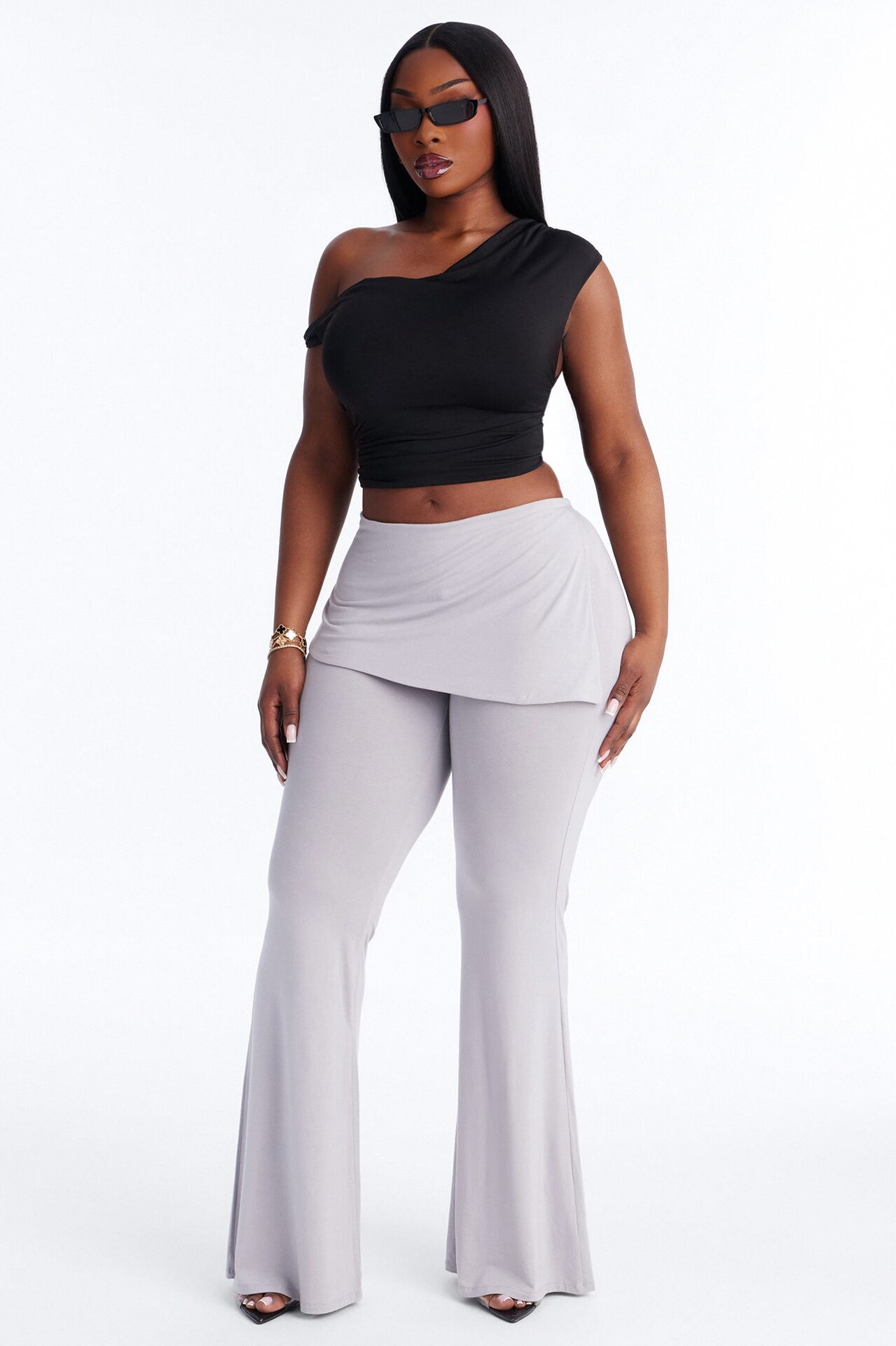 Wrapped Up Asymmetrical Skirt Flare Pant 33″ - Grey