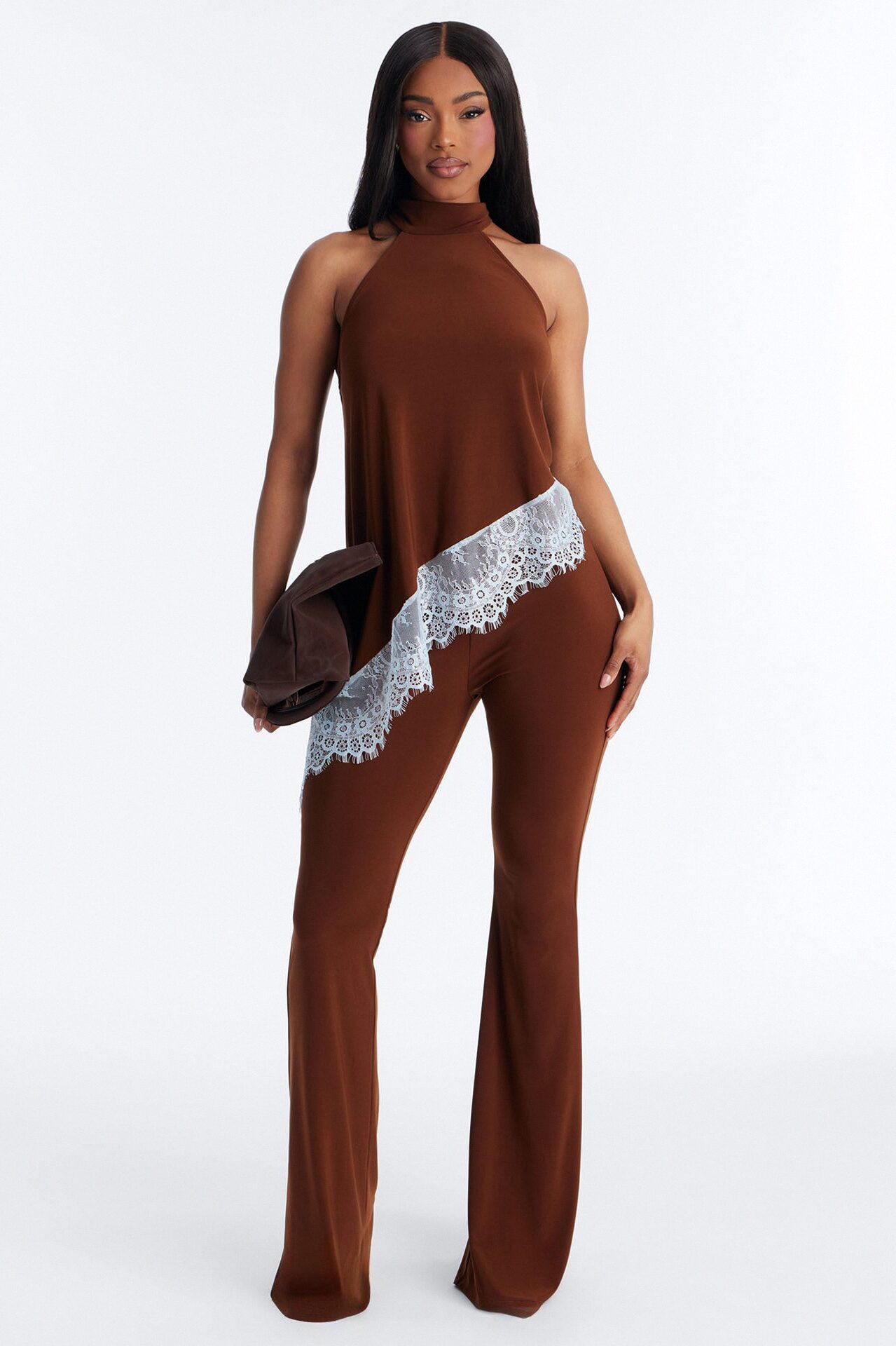 Clean Slate Lace Trim Pant Set - Brown