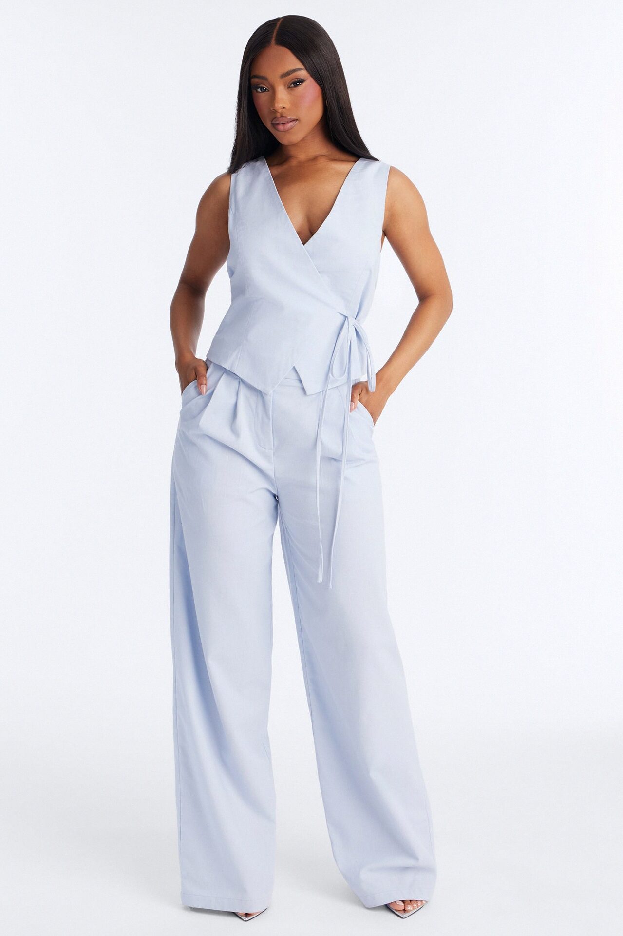 Lizzy Tie Waist Linen Jumpsuit - Light Blue