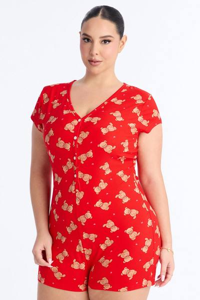 Cutie Bear PJ Romper Onesie - Red