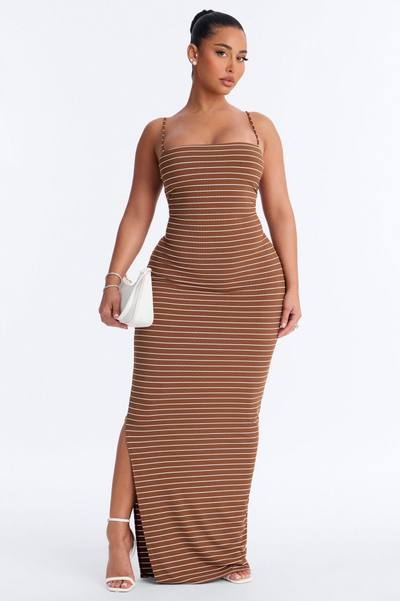 Thea Striped Twist Back Ribbed Maxi Dress - Brown/combo