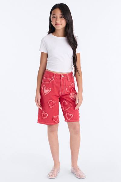 Mini Have A Heart Patchwork Denim Jorts - Pink