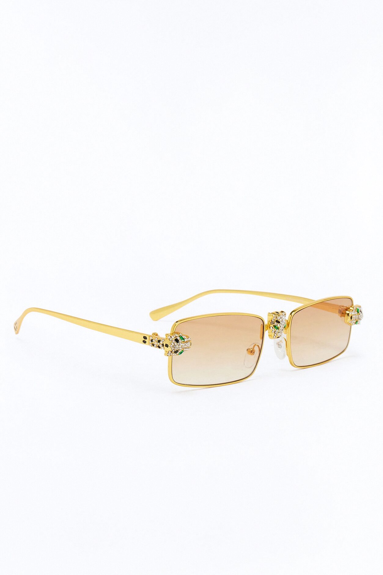 Iced Panther Rectangle Metal Sunglasses - Gold/Brown