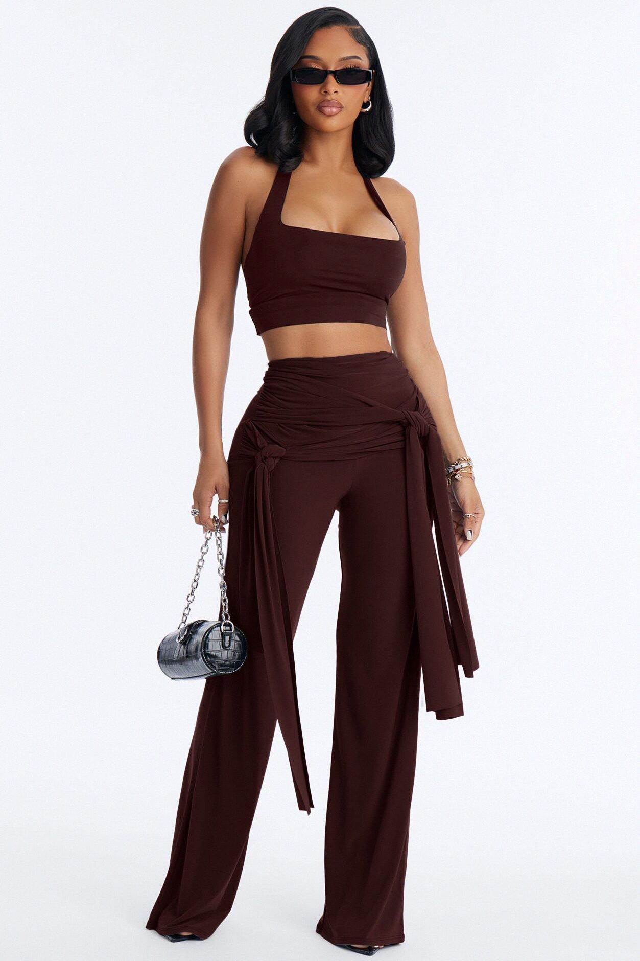 Sakura High Rise Tie Waist Flare Pants - Chocolate