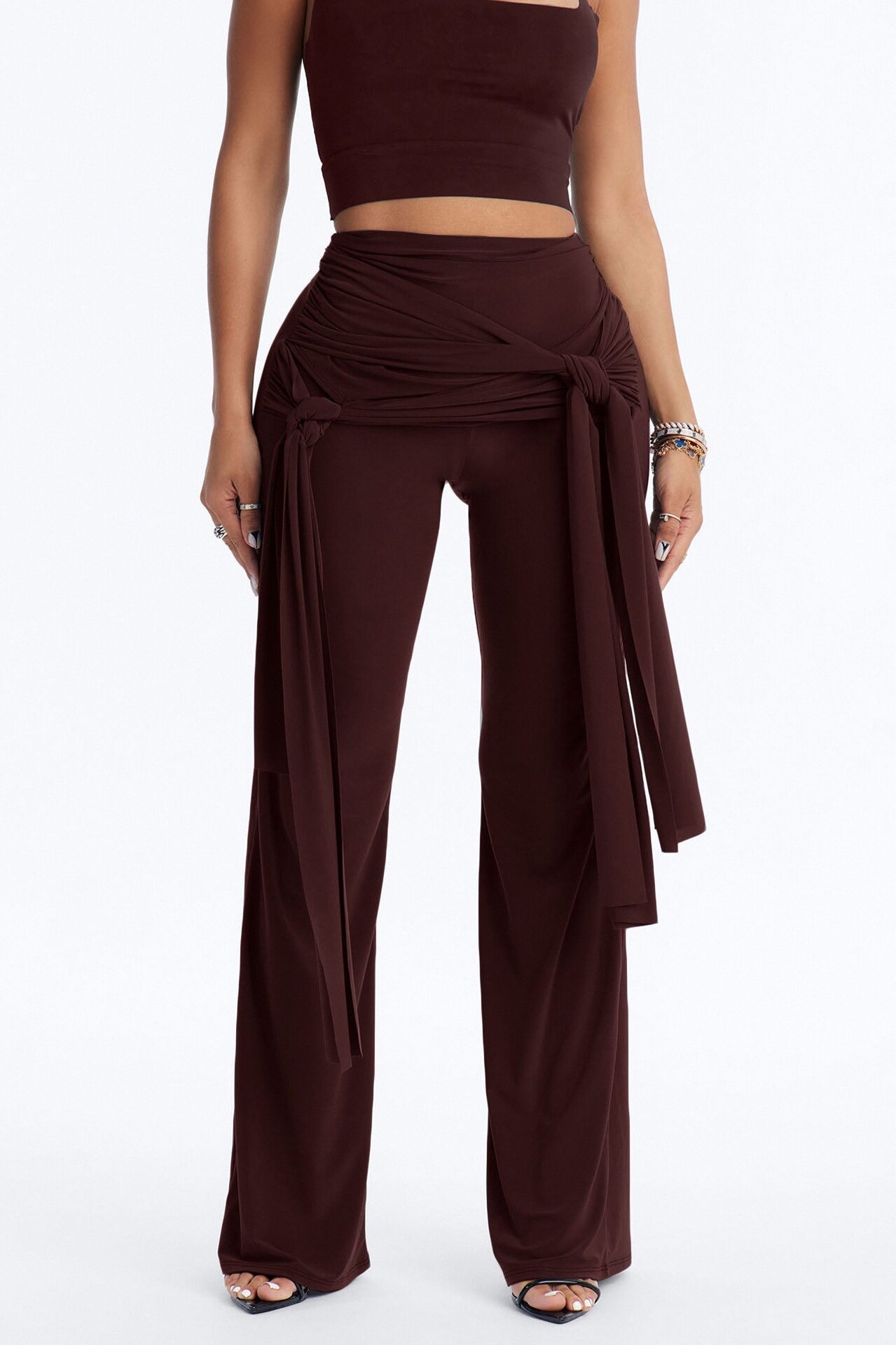 Sakura High Rise Tie Waist Flare Pants - Chocolate