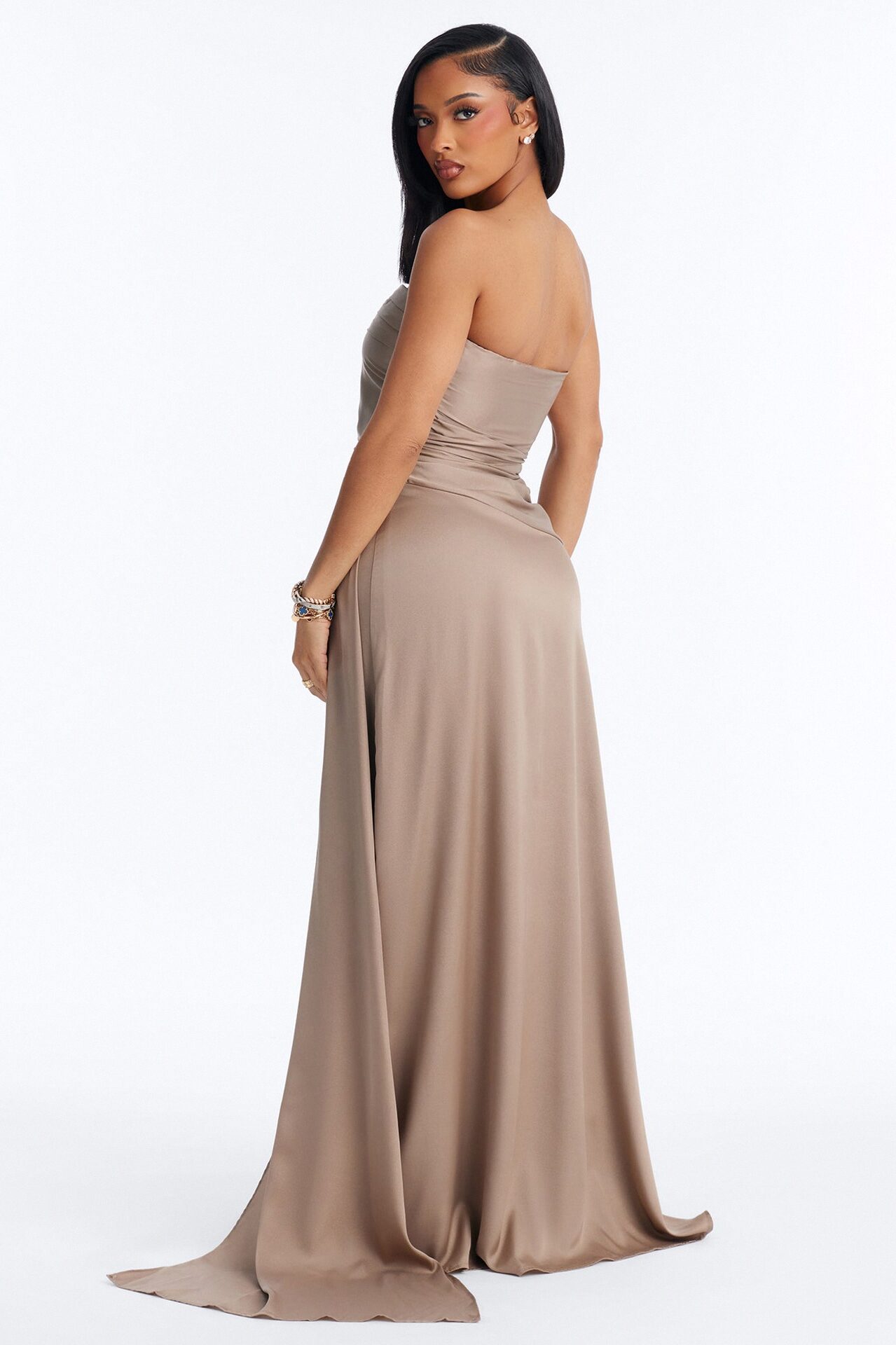Rayna Pleated Satin Gown - Mocha