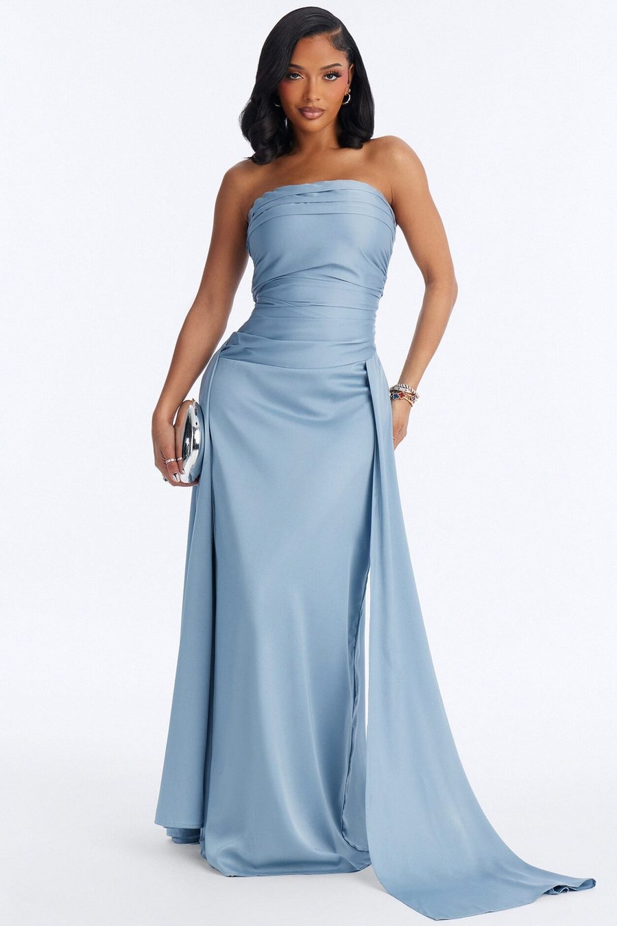 Rayna Pleated Satin Gown - Blue