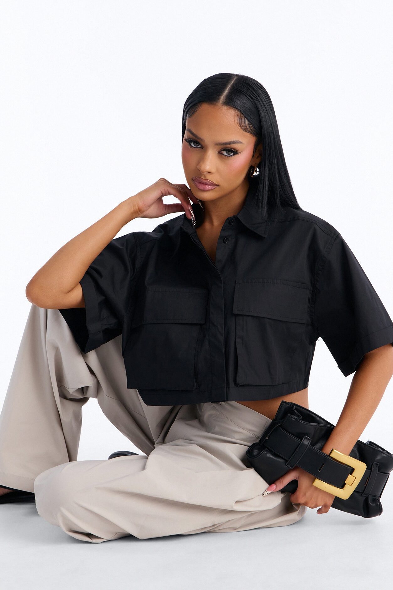 Carmen Cropped Poplin Shirt - Black
