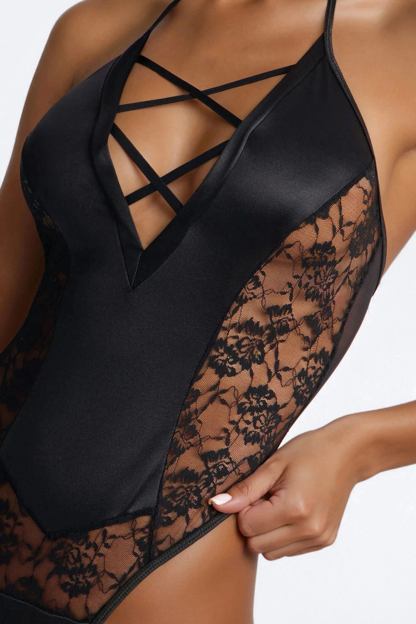 Late Night Lace Trim Halter Satin Teddy - Black