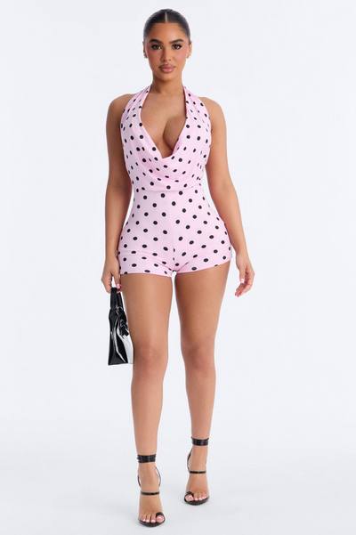 Tiff Polka Dot Backless Micro Romper - Pink