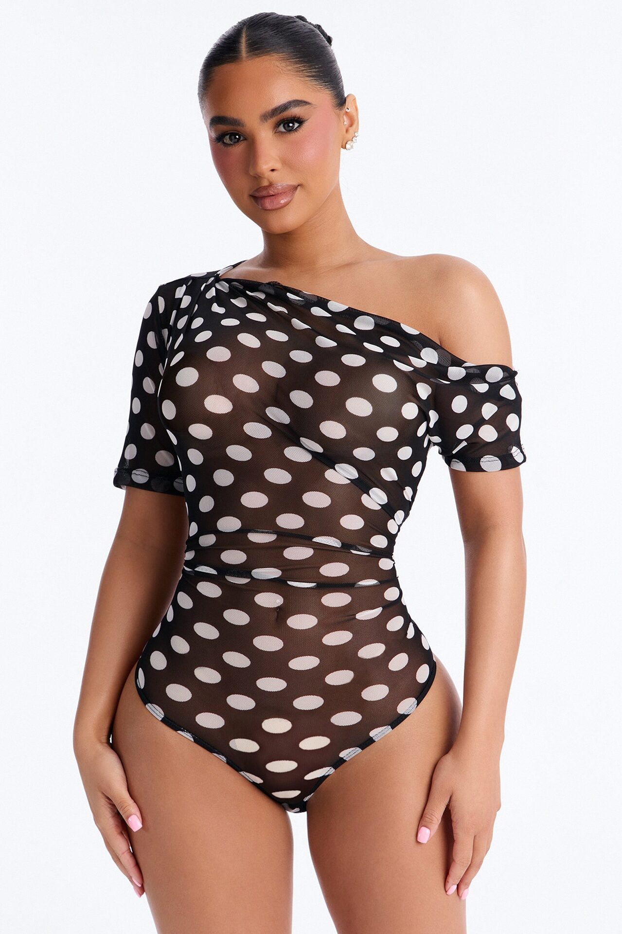 Lina Polka Dot Mesh Off Shoulder Short Sleeve Bodysuit - Black/combo