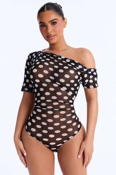 Lina Polka Dot Mesh Off Shoulder Short Sleeve Bodysuit - Black/combo