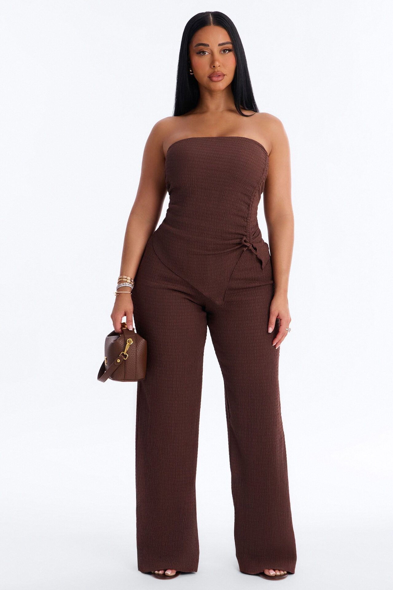 Elise Strapless Textured Pant Set - Chocolate