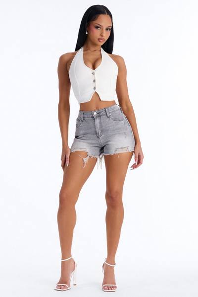 Libby High Rise Ripped Denim Shorts - Grey