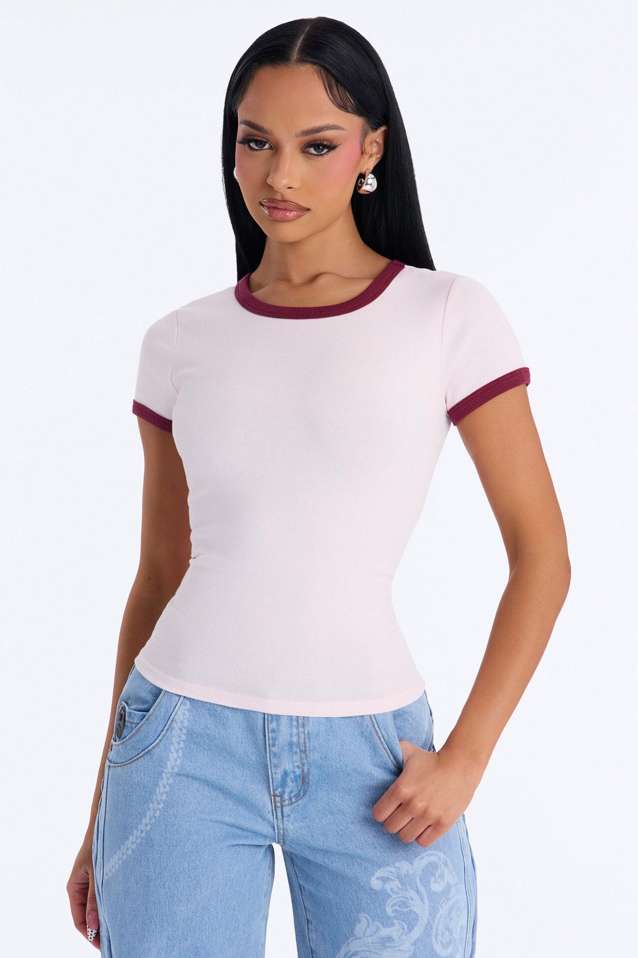 Marissa Crew Neck Contrast Short Sleeve Top - Pink/combo