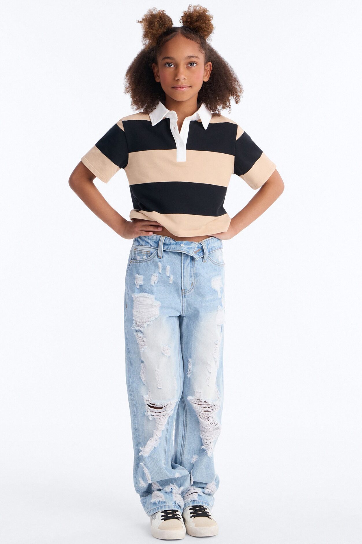Mini Summer Fling Destroyed Foldover Baggy Jean - Light Wash