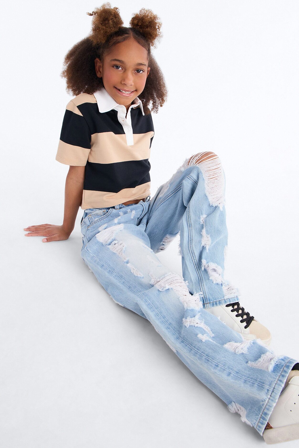 Mini Summer Fling Destroyed Foldover Baggy Jean - Light Wash