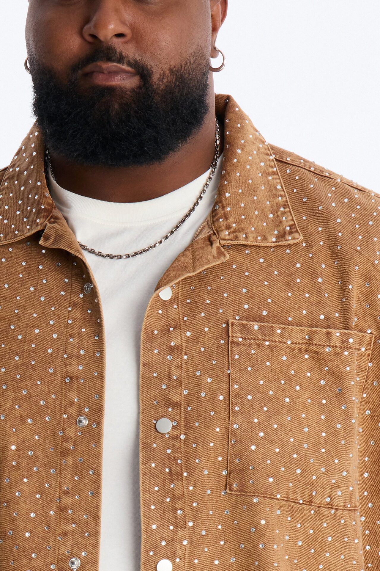 Cropped Embellished Denim Button Up Shirt - Brown