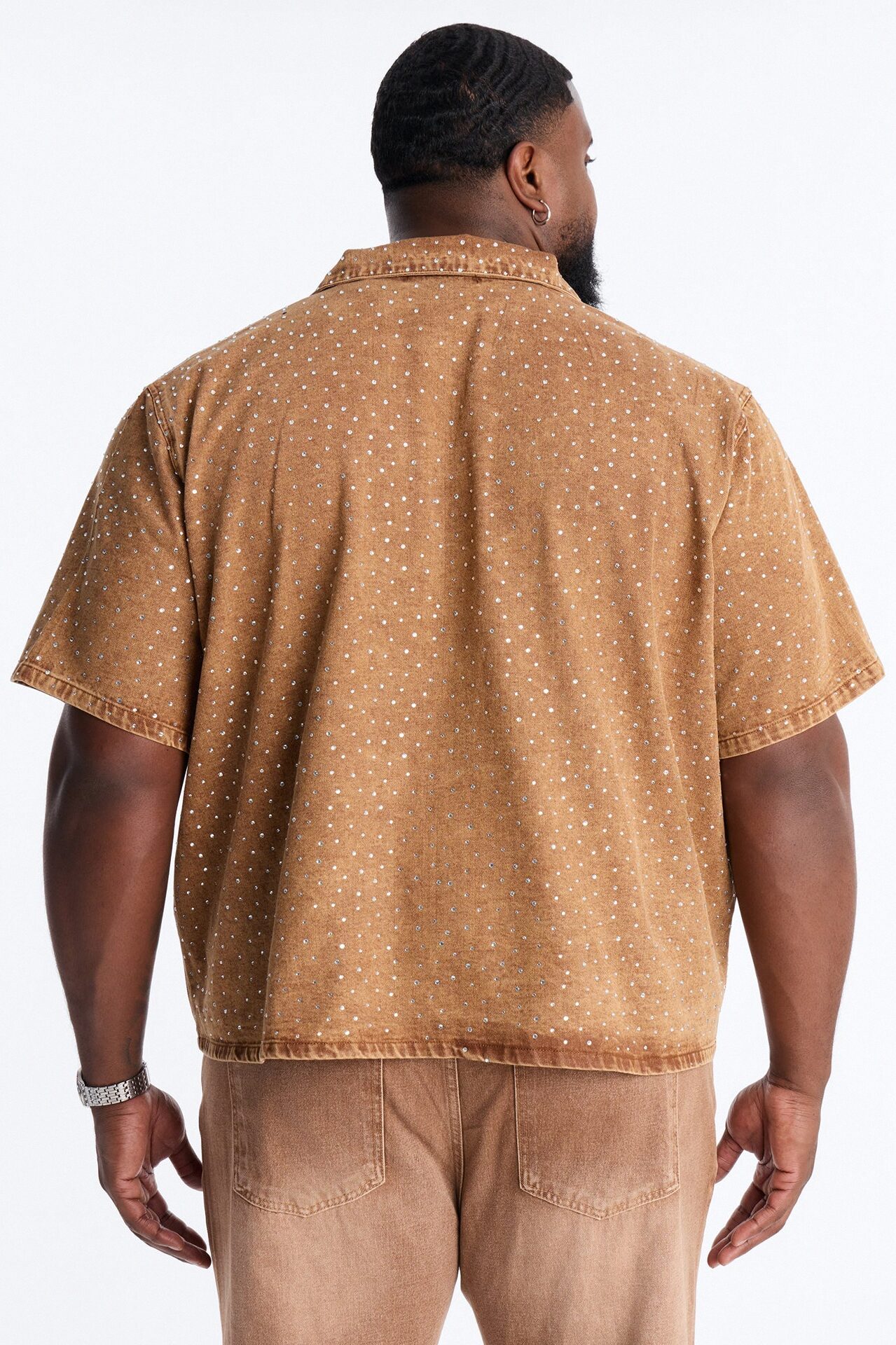 Cropped Embellished Denim Button Up Shirt - Brown