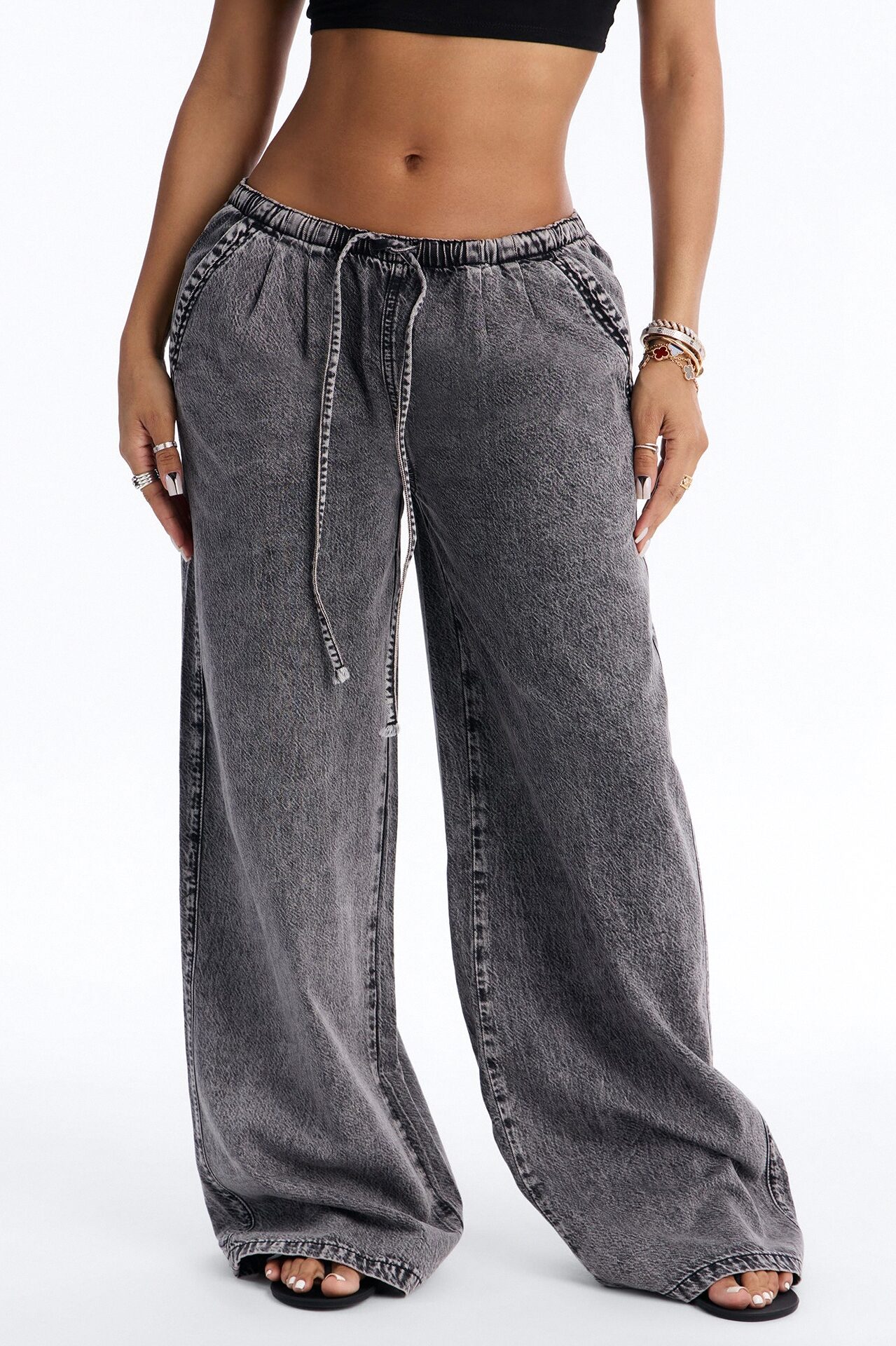 Baeside Tie Waist Wide Leg Jeans - Black Wash