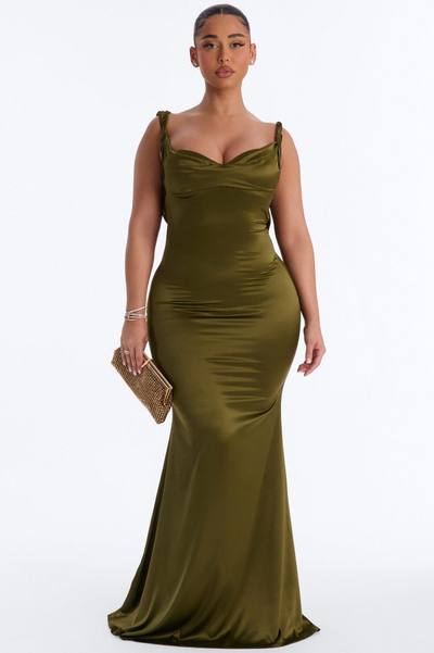 Devoted To You Satin Backless Gown - Olive