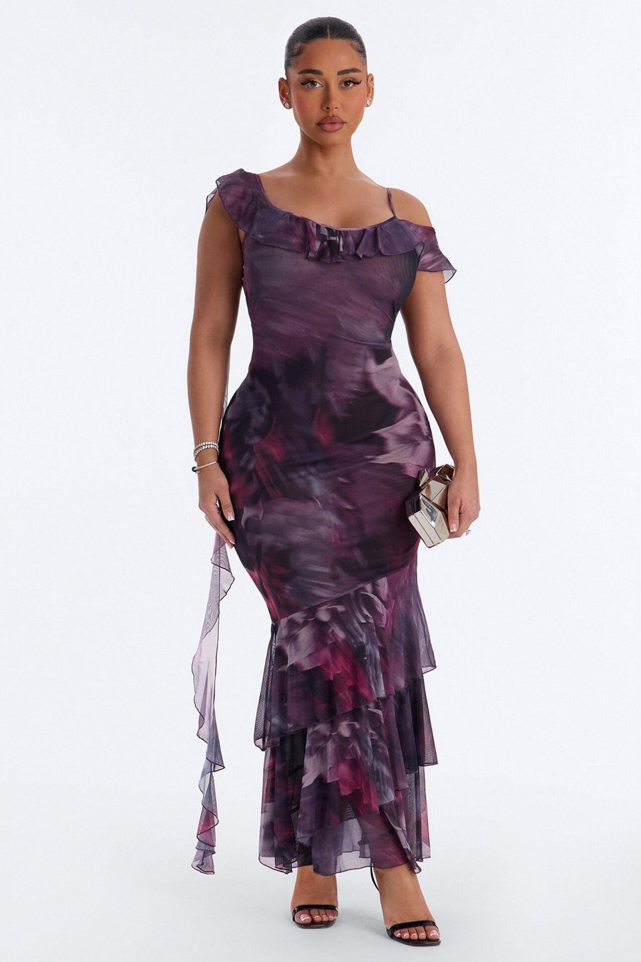 Hopeless Romantic Ruffle Mesh Maxi Dress - Plum Multi Color
