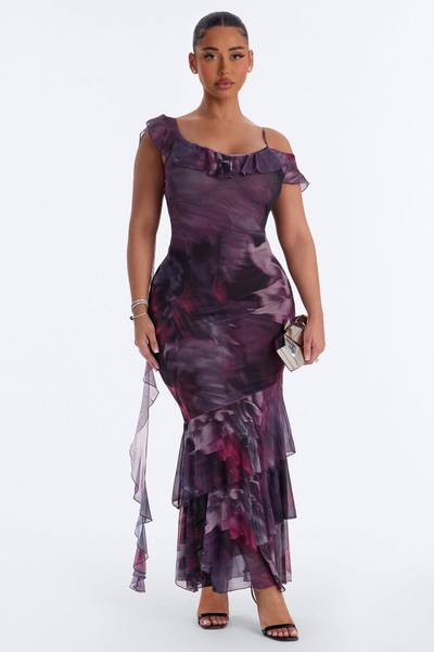 Hopeless Romantic Ruffle Mesh Maxi Dress - Plum/Multi